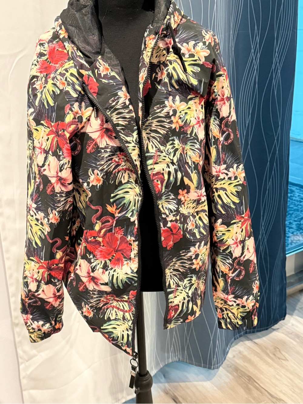 Floral Black Hooded Rain Jacket - Women's